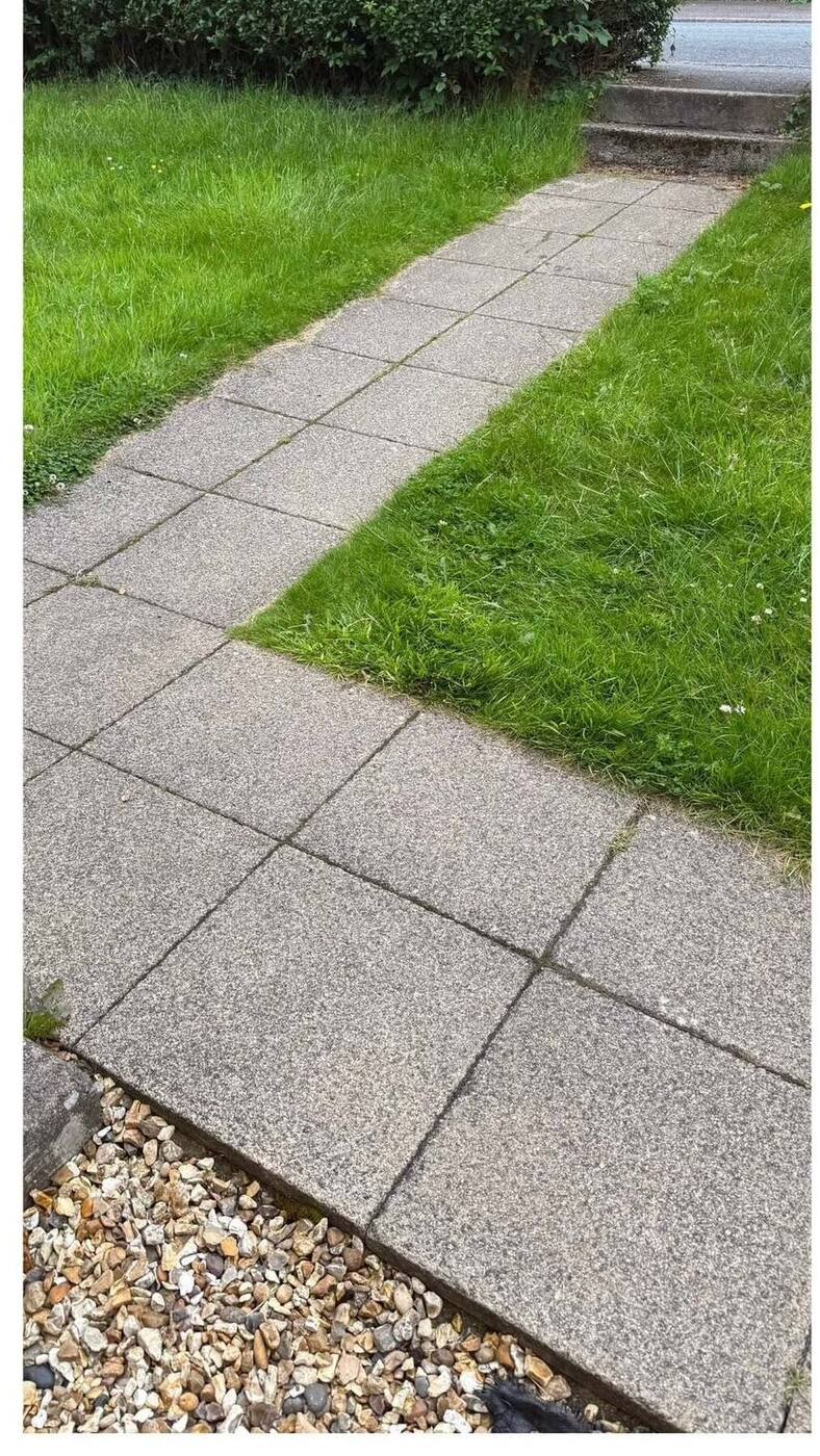 Garden path with untidy, overgrown lawn edges