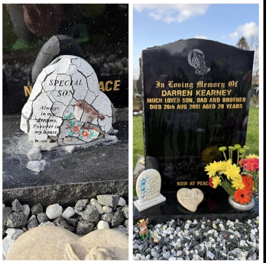 A memorial before and after a visit: a weathered ornament on the left, and on the right the headstone cared for with bright fresh flowers