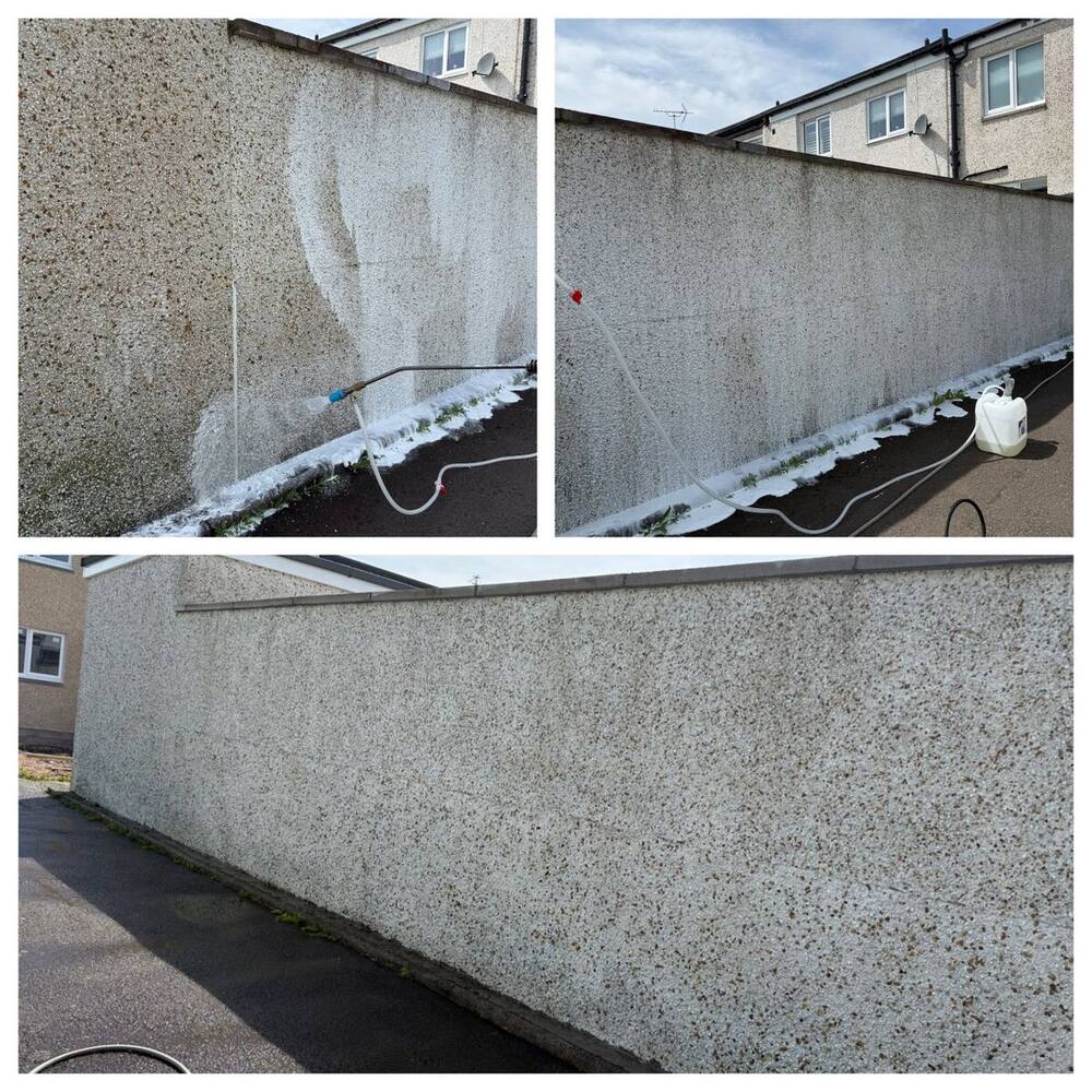 Three stages of a soft wash on a pebble-dash wall: spraying, foamed, and finished clean